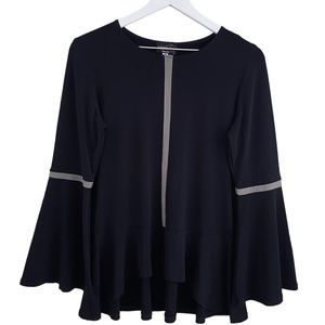 Andria Lieu NWT‎ Black & Taupe Stretch Bell Sleeve Peplum Layered Blouse Medium